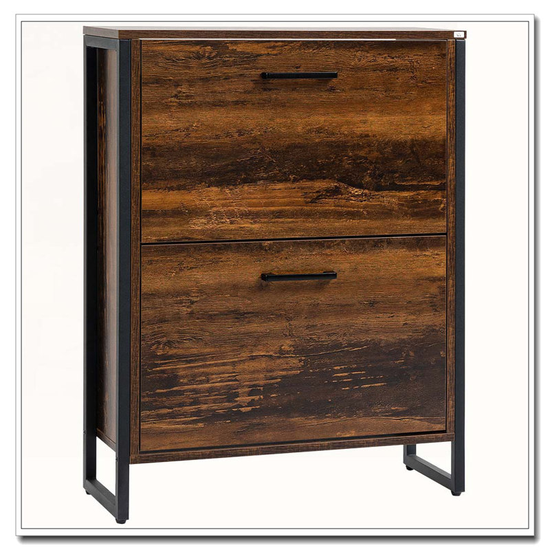 Industrial Shoe Cabinet with 2 Flip Drawers Freestanding Shoe Storage Cabinet Narrow Slim Shoe Rack for Entryway Hallway