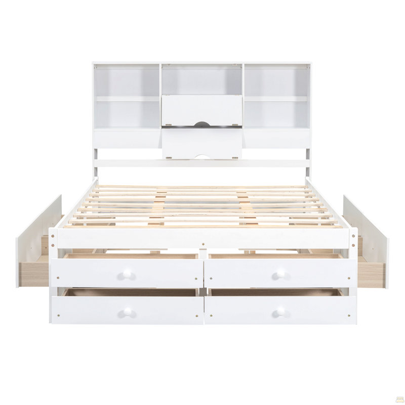 Grand lit plateforme avec tête de lit à rangement et 8 tiroirs, Blanc
