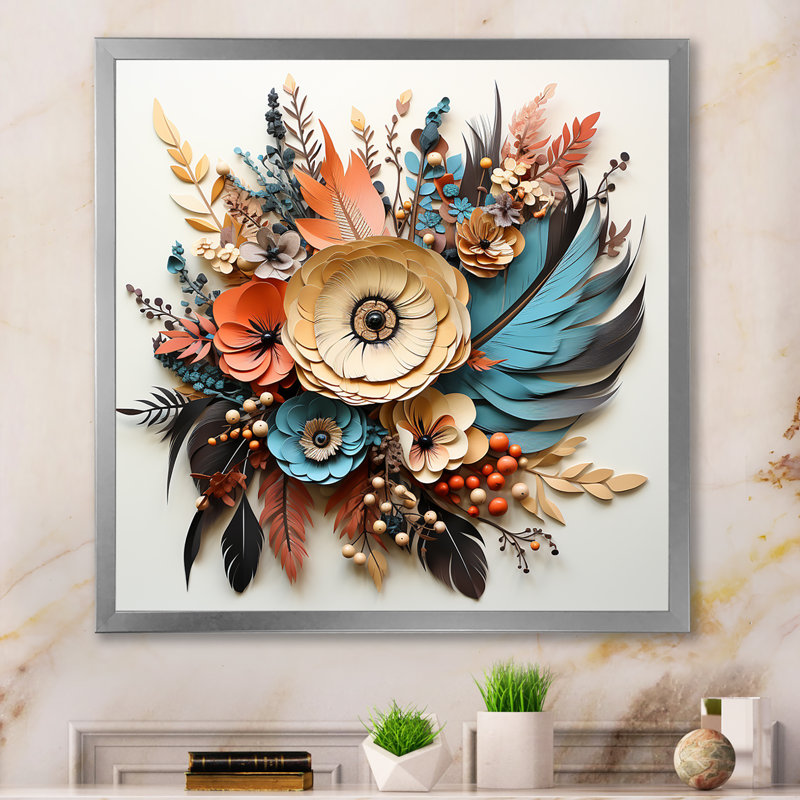 «Boho Flowers Bouquet» en bleu et beige sur toile, Cadre simple argenté, H 36 po x l 36 po x P 1,5 po
