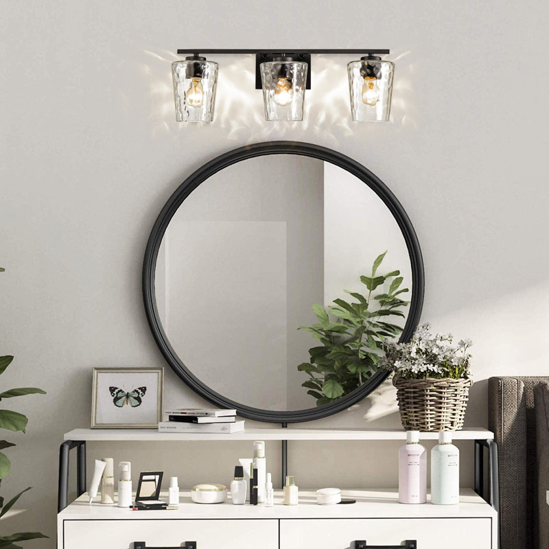 Éclairage pour meuble-lavabo 3 lumières 23 po noir mat avec abat-jour en verre martelé transparent, Noir mat, Trois lumières