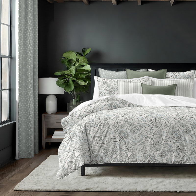 Paisley Seafoam Cotton Duvet Cover Set, King Duvet Cover + 7 Additional Pieces