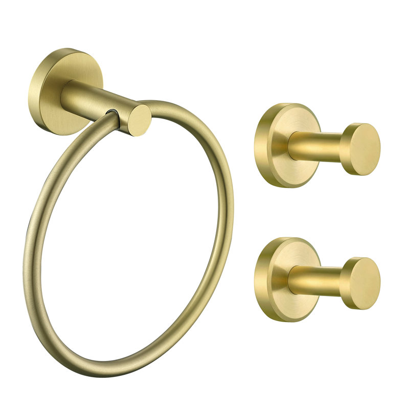 3 - Piece Bathroom Hardware Set Towel Ring Set with Towel Hooks, Brushed Gold