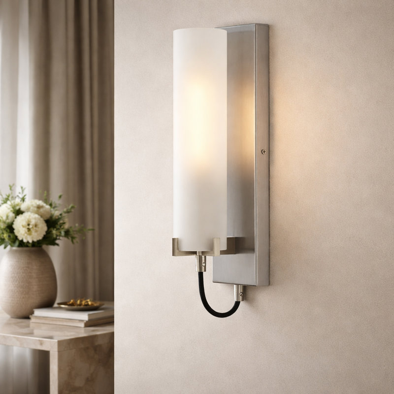 Ryden Single Light Wall Sconce with Etched Glass Cylinder Shade, White