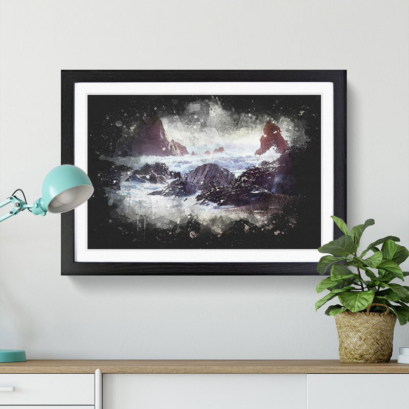 Ocean Crashing Against Rocks - Picture Frame Graphic Art Print, 62cm H x 87cm W x 2cm D, Black Framed