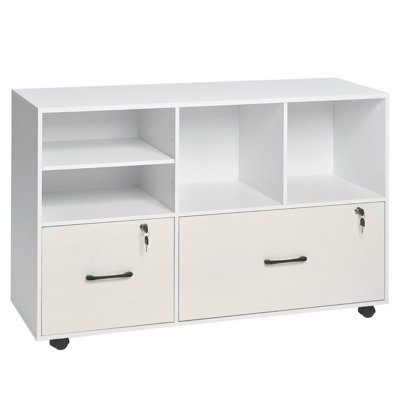 42.5" 2 Drawer White File Cabinet, Lockable Lateral Filing Cabinet with Open Shelves, Rolling Printer Stand for Home Office