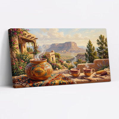 Southwestern Desert Mesa View With Patterned Pottery Canvas Wall Art