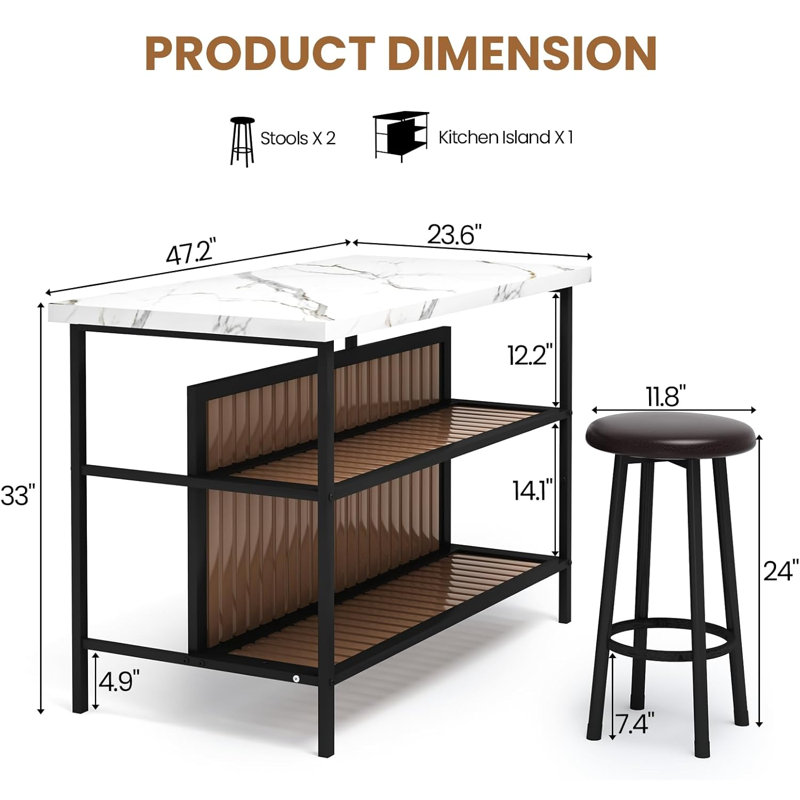 Grondin 47.24" Iron Kitchen Island Set, White