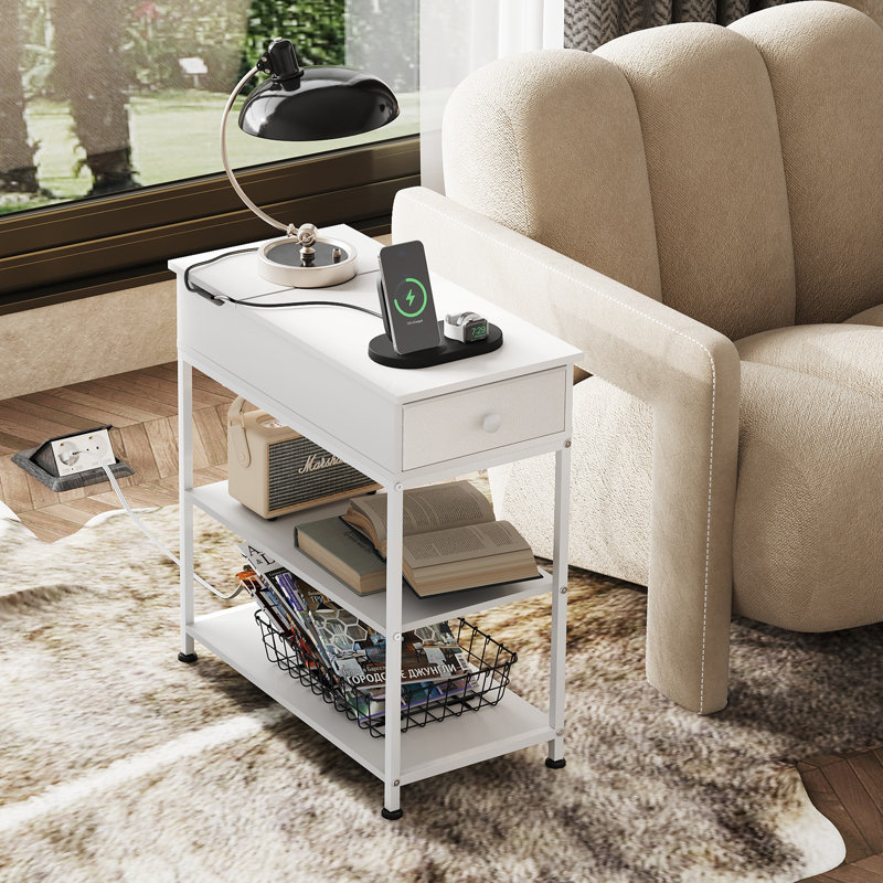 Reggis 24'' End Table with Power Outlets & USB, Side Table with Drawer and 2 Shelves, Farmhouse Side Table for Small Spaces, End Table With Drawer For Living Room, Bedroom