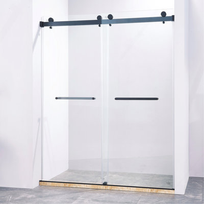 56-60"W x 75"H Frameless Double Sliding Shower Door, 304 Stainless Steel in Matte Black, 5/16" (8mm) Thick SGCC Tempered Clear Glass.