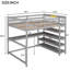 Lit mezzanine de taille grise avec rangement sous le bureau. Cadre en bois. Espace chambre à coucher, lit double, gris. Possède des tablettes de rangement. Pour-1442834254-1442834248