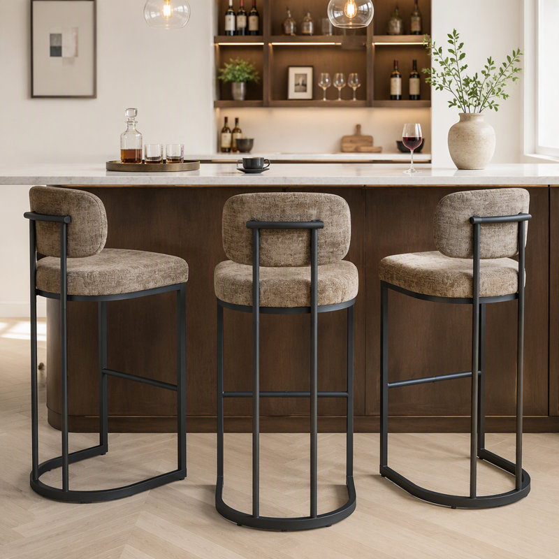 Tabouret de bar à hauteur fixe en métal noir et tissu brun - ensemble de 2, Siège brun / cadre noir