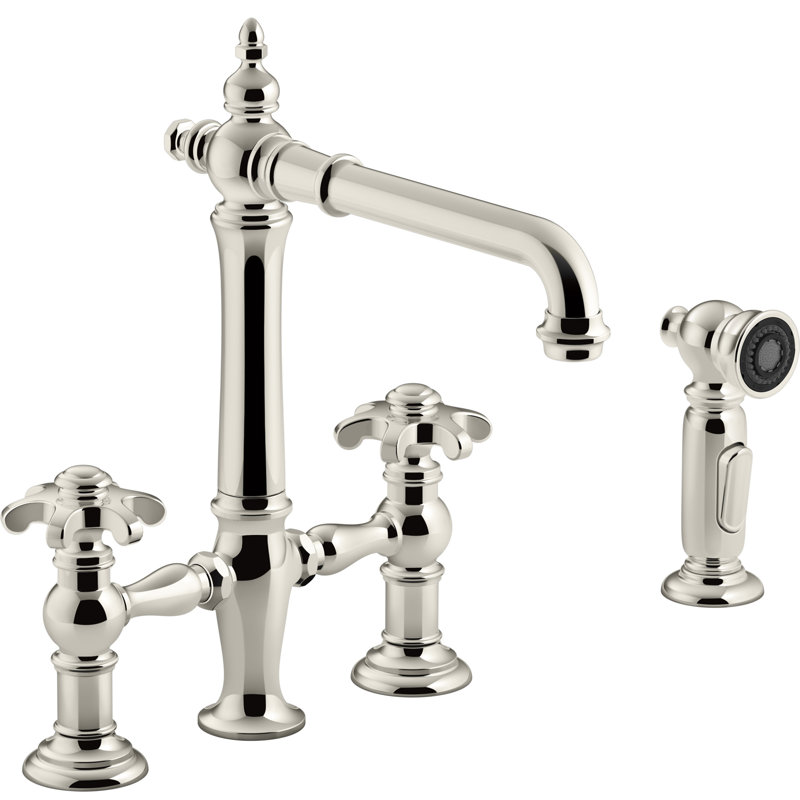 Artifacts Bridge Faucet, Cross Handle, Vibrant Polished Nickel