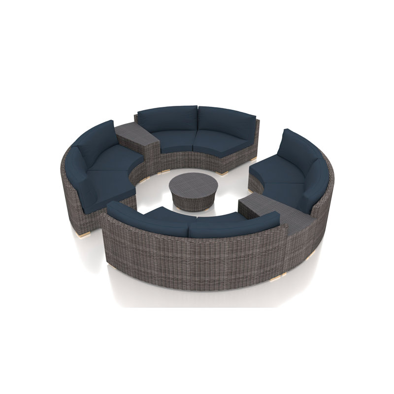 Ensemble de conversation modulaire en rotin 7 pièces avec coussins Sunbrella Marfik, Marron clair, Spectre indigo Sunbrella®