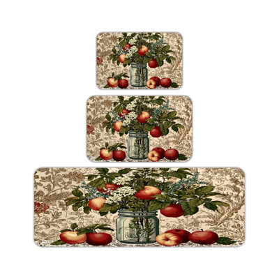 Vintage Apple Floral Kitchen Floor Mat 3 Pc, Farmhouse Kitchen Breakfast Nook