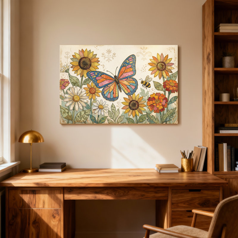 Animaux, papillon, tournesols, marguerites, abeille, impression florale, H 12 po x l 18 po