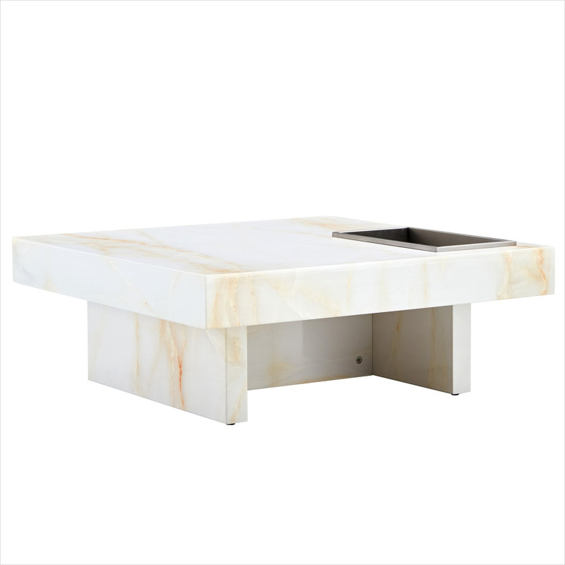 Table basse avec plateau imitation marbre, panneau de fibres à densité moyenne blanc pur, carré de 31,4 pouces, conception compacte moderne