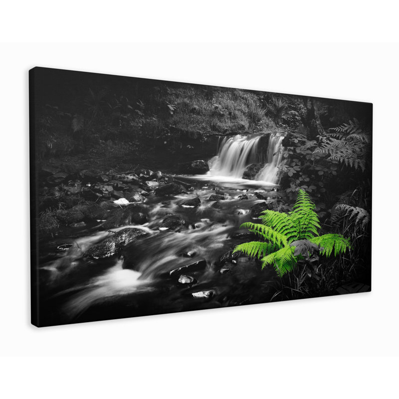Waterfall And Fern Nature Landscape - Wrapped Canvas Art Prints, 61cm H x 110cm W