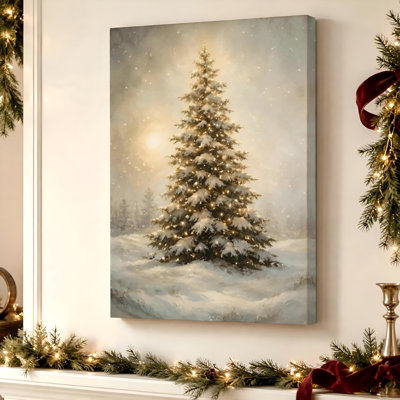 Grand sapin de Noël lumineux - Décoration murale minimaliste et festive, impression sur toile tendue de 76 cm (H) x 51 cm (L), prête à être accrochée dans le salon, l'entrée ou le bureau à domicile.