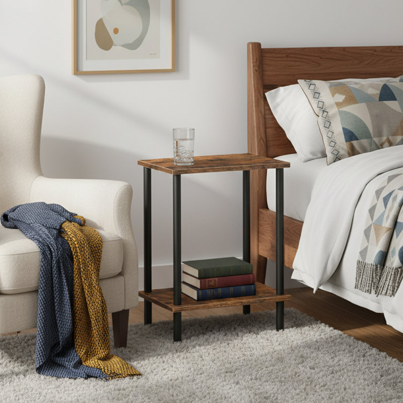 Petite table d'appoint rustique brune avec tablettes de rangement à 2 couches pour petits espaces, salon, chambre à coucher