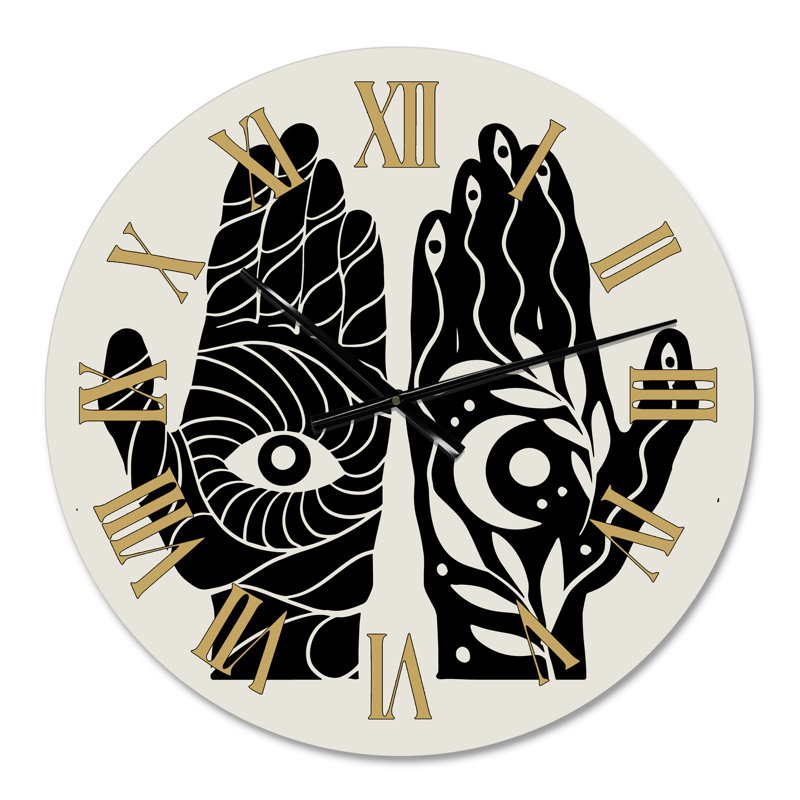 Illustration de mains HamSa avec œil et lune en noir et blanc - horloge murale moderne, Petit