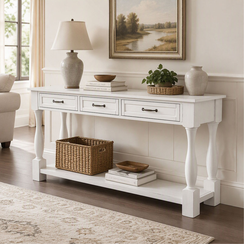 Console - 63 po - Long - Bois - avec 3 tiroirs et 1 tablette inférieure - Blanc antique - pour le vestibule