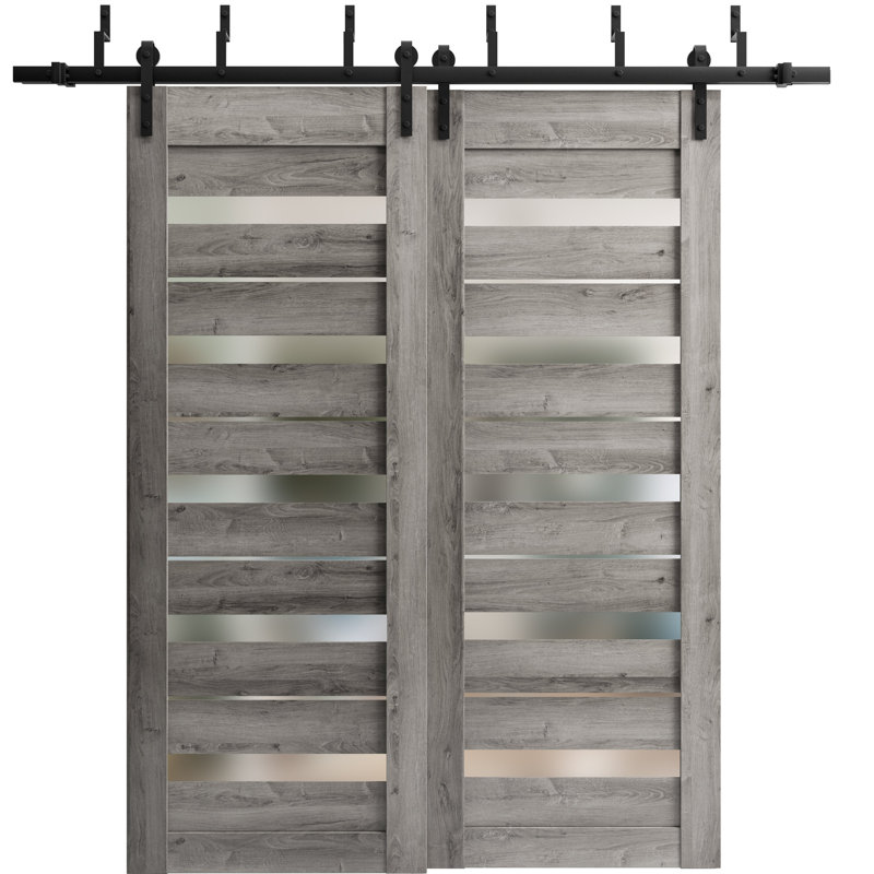 Portes coulissantes de grange coulissantes pour garde-robe | Chêne cognac Quadro 4445 avec verre givré | Ensemble de quincaillerie robuste pour rails 6,6 pi