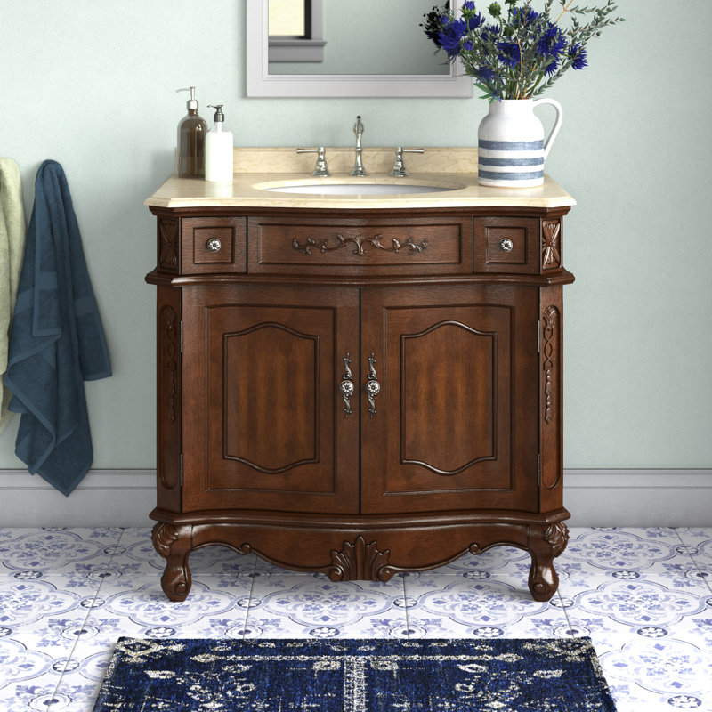 36'' Single Bathroom Vanity with Marble Top, Teak