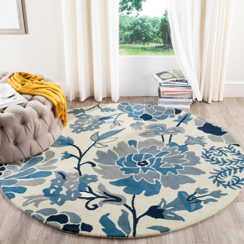 Tapis azurite / crème / noir en laine / coton touffeté à la main à motif floral Coreatha, Rond 6 pi x 6 pi