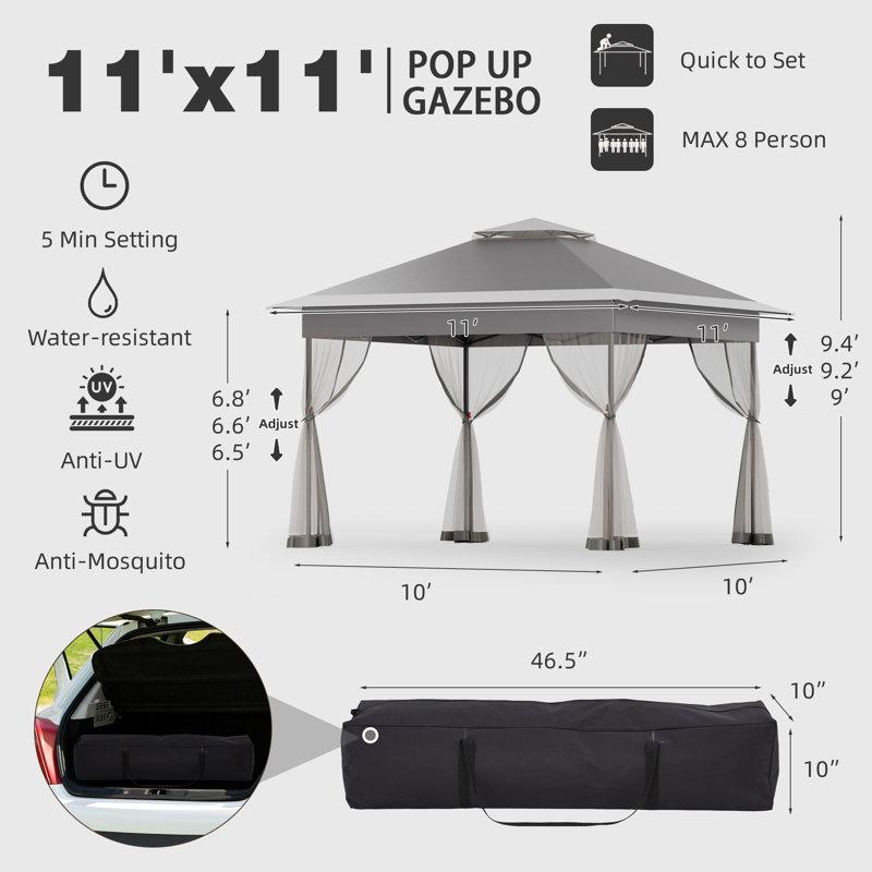 11 Ft. W X 11 Ft. D Metal Pop-up Gazebo With Mosquito Netting, Dark Gray