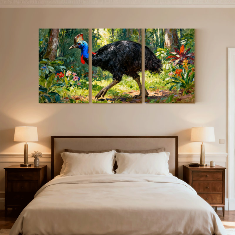 Oiseaux casoar en forêt avec fleurs colorées, ensemble de 3 impressions sur toile, H 36 po x l 72 po