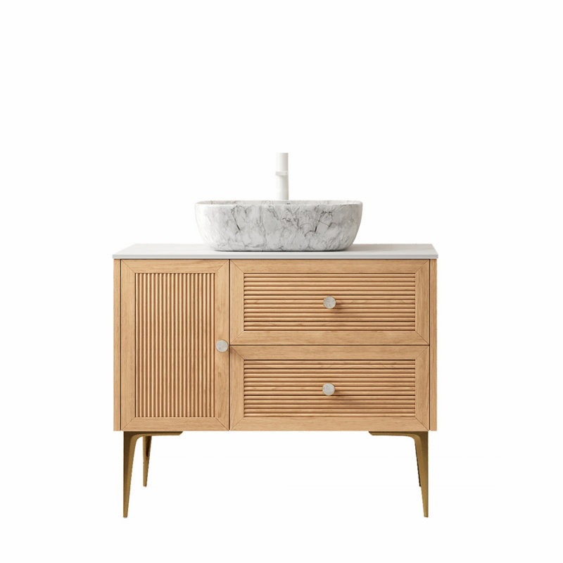 Meuble-lavabo de salle de bain avec lavabo, armoire de rangement autoportante en bois avec porte et 2 tiroirs