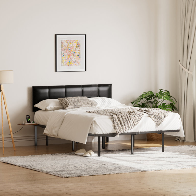 Metal Floating Bed Frame with Adjustable Height Upholstered Headboard, Built-in USB Charging & LED Lighting, Double (4'6)