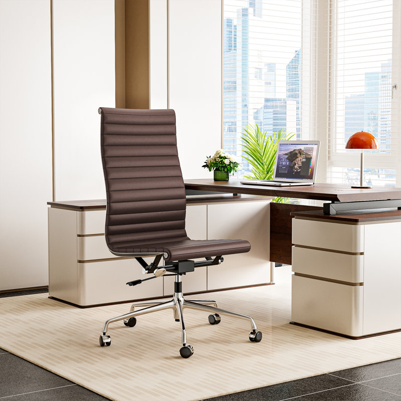 Fauteuil de bureau sans accoudoirs en cuir véritable, dossier mi-haut ou haut, structure en aluminium, High Back, Brown