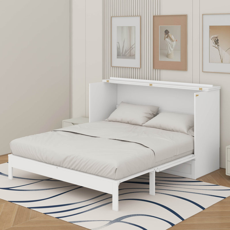 Grand lit escamotable avec tiroirs, Blanc, Queen