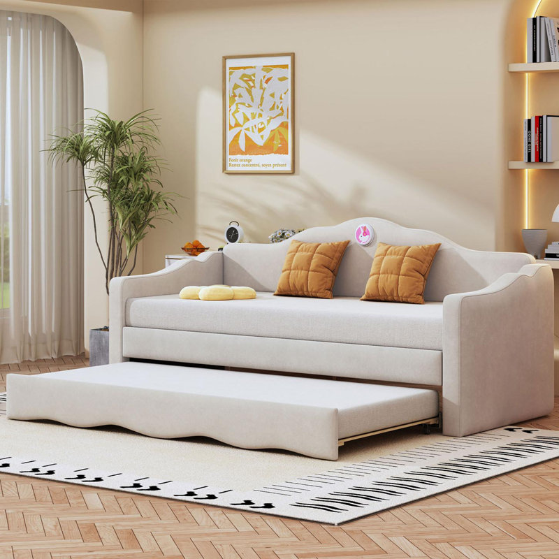 Upholstered Daybed With Trundle, Beige