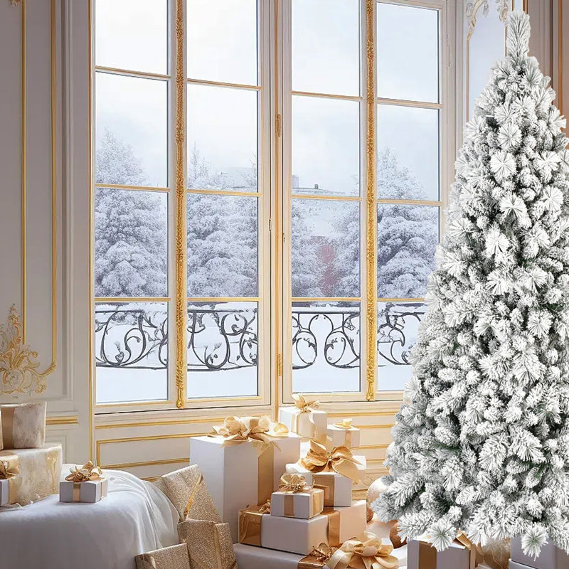 Arbre de Noël 84 po avec 450 lumières DEL blanc chaud, 1060 pointes recouvertes de neige et branches à aiguilles dures, structure articulée à installation rapide, structure en métal 7 pi avec conception à poussière