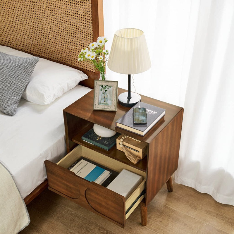 Mid-Century Modern Fluted Nightstand with Charging Station – 2-Outlet & 2-USB Bedside Table with Drawer & Open Shelf, Solid Wood Legs, Walnut Finish