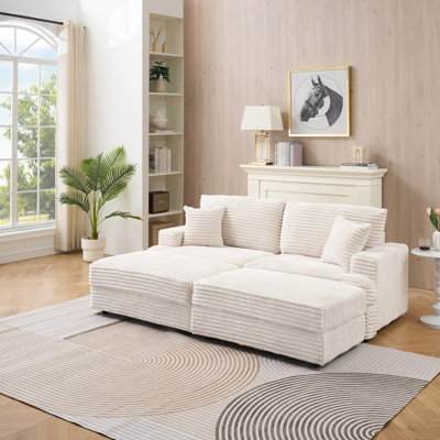 89" Modern 3 Seat Sofa Upholstered Corduroy Couch With Throw Pillows And Ottoman Suitable For Living Room, Bedroom, Office