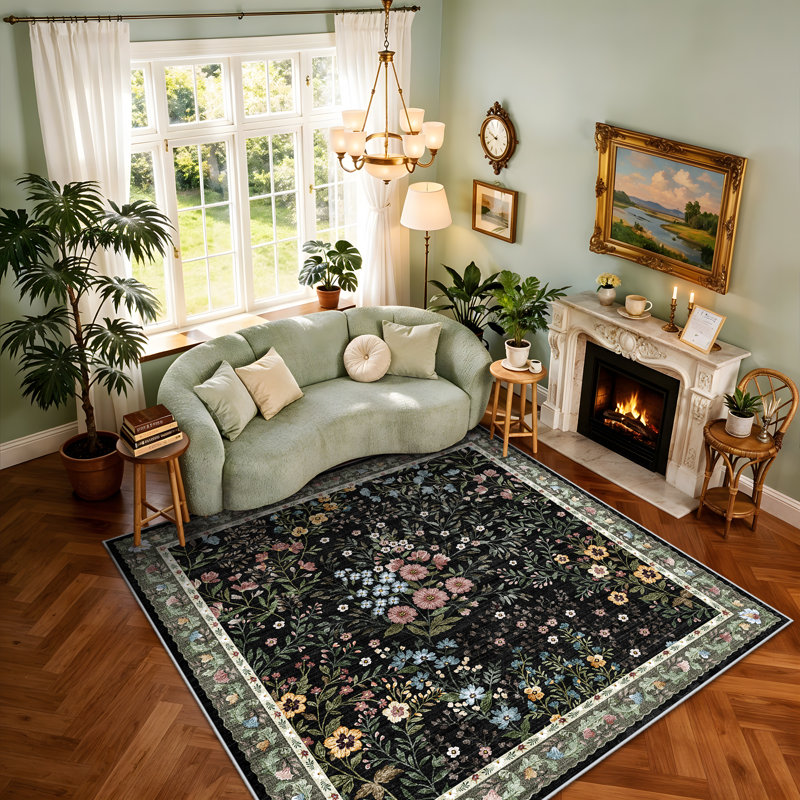 Tapis floral Eden Mughal, Noir, Carré 6 pi
