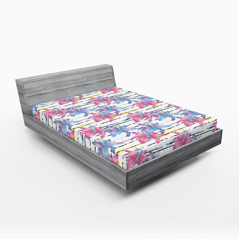 Drap-housse Ambesonne, Drap-housse très grand californien, Rose vif / bleu azur pâle / motif floral bleu