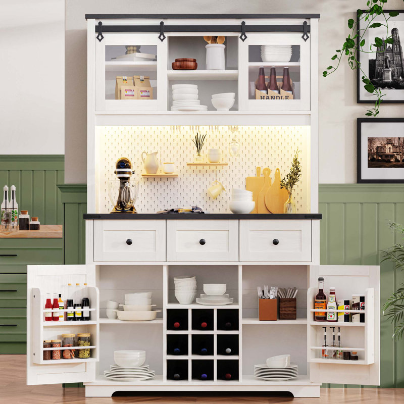 71" Farmhosue Pantry Bar Cabinet With Internal Storage Rack,Kitchen Cabinet With Hutch,Sliding Door,Power Outlet,Pegboard,Wine & Glasses Rack,3 Drawers,Rustic Coffee Bar Storage Cabinet