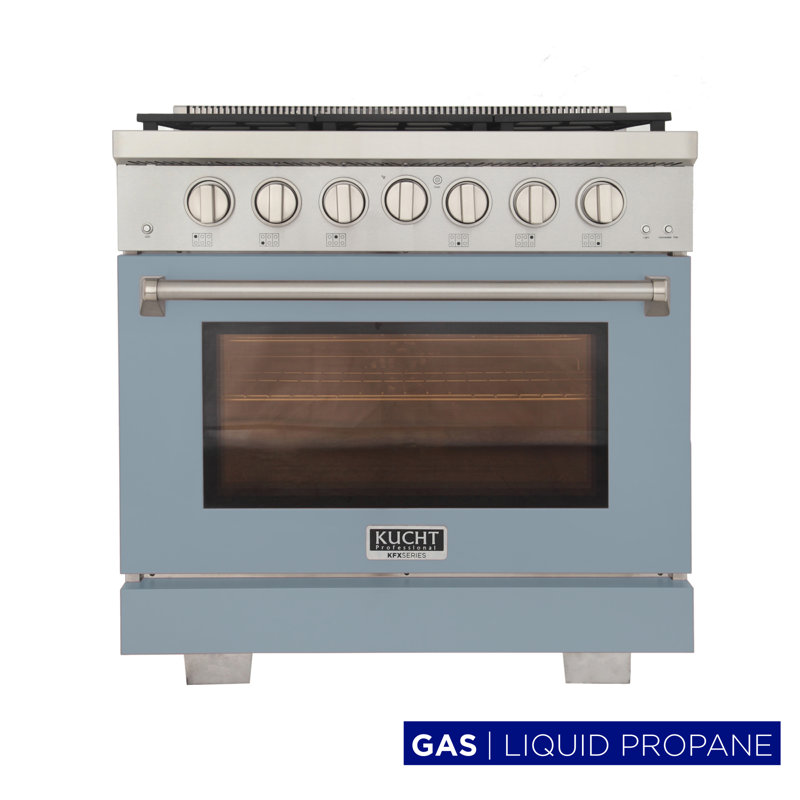 36 in. 5.2 cu. ft. Natural Gas Range and Convection Oven in Black with True Simmer Burners, Light Blue, Natural Gas