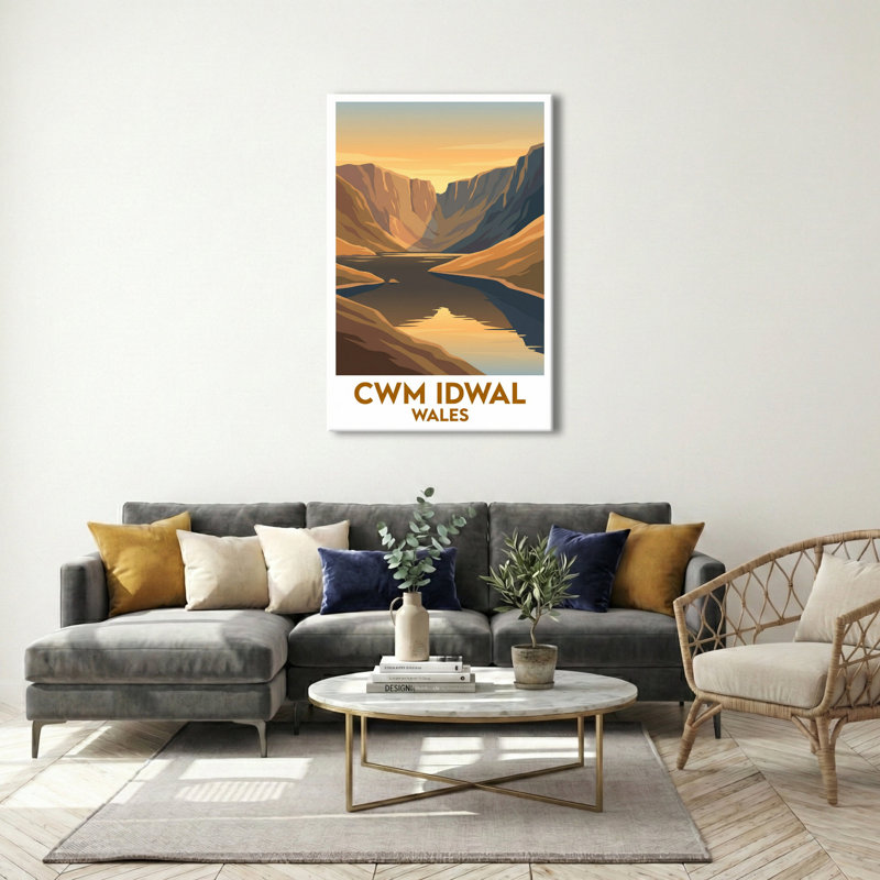 Cwm Idwal, Wales - Snowdonia Travel Poster: Romantic Cirque and Llyn Idwal Landscape Art. Giclee Print on Wrapped Canvas. Wall Art, Home Decor - Natural Landmarks, Wales 1 Piece Wrapped Canvas Wall Art