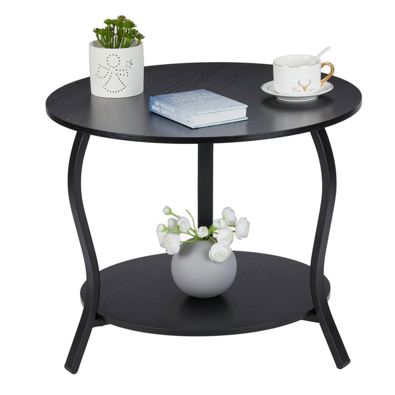 Small Round Coffee Table With Open Storage,23" 2-Tier Coffee Side Tables, Black