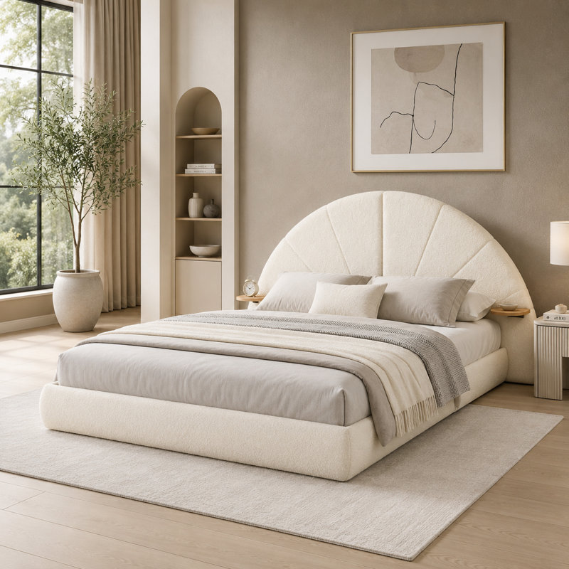 Golren Unique Arched Boucle Bed with Small Table