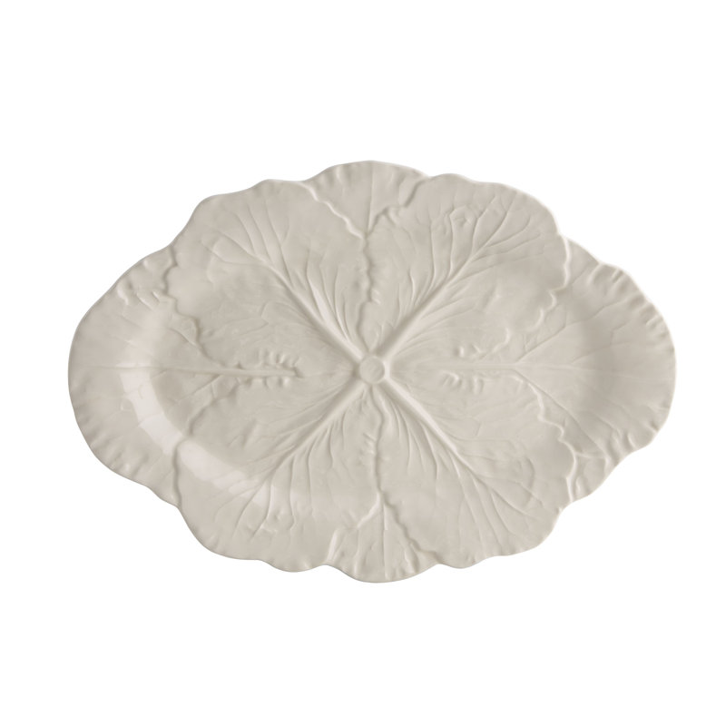 Beige Ceramic Cabbage Leaf Oval Platter 15.5"