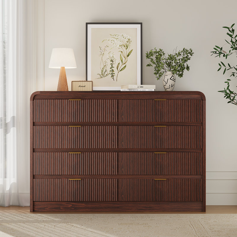 Ato 8-Drawer Dresser 55"W Double Dresser With Waveform Fluted Panel, Brown