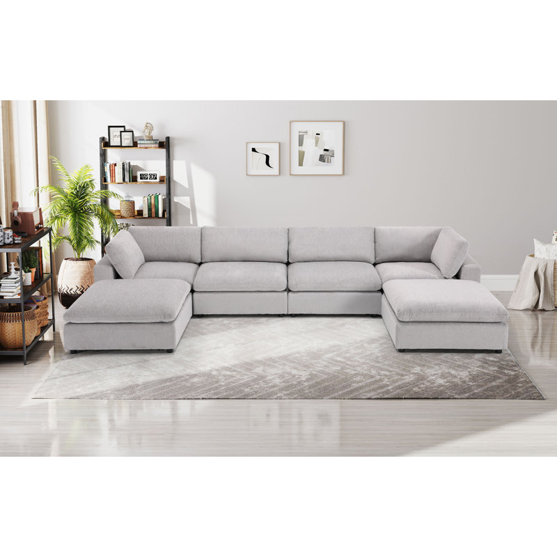 Zantos 6-Piece Upholstered Sectional with Ottomans, Light Gray, Fabric