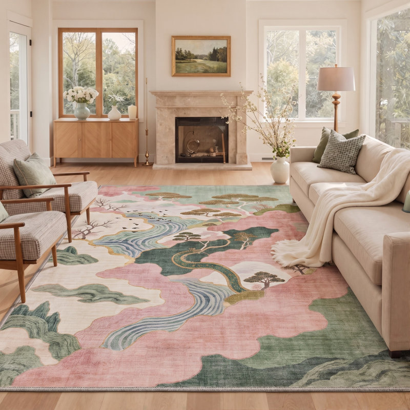 Ascentia Chinoiserie Oriental Landscape Scenery Washable Area Rug with Non-Slip Backing, Runner 2' x 7'