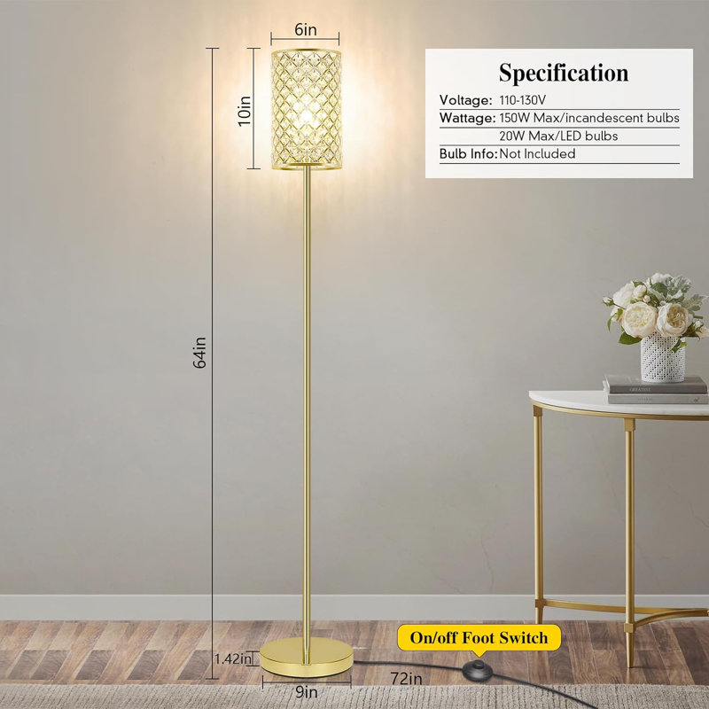 Crystal Floor Lamp For Bedroom, Floor Lamp With On/Off Foot Switch, Elegant Standing Light Tall Pole Lamp For Living Room, Dresser, Office (E26 Base)